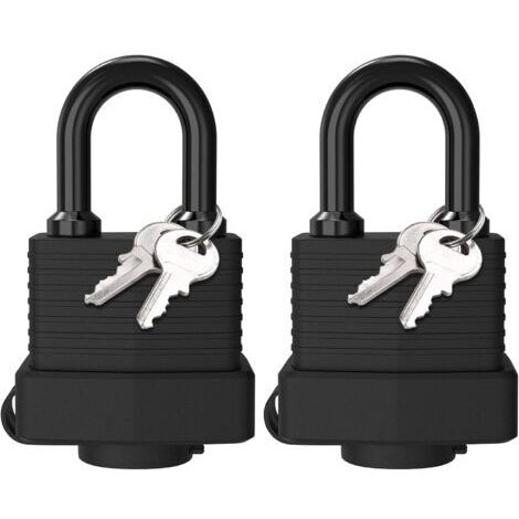 LAN Lot de 2 cadenas en laiton étanches, cadenas d'extérieur en acier laminé résistant aux intempéries, 4 clés, pour casier, salle de sport, garage, clôture, noir