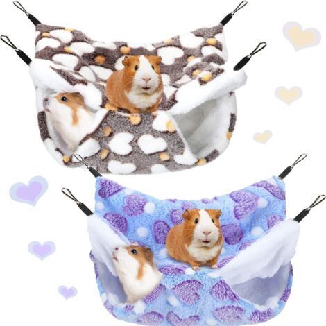 LAN Lot de 2 hamacs pour cochons d'Inde, rats, hamsters, furets, petits animaux, chinchillas, perroquets, écureuils volants (violet, café, motif cœur)