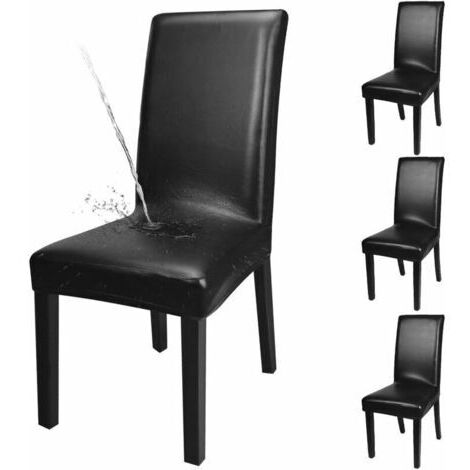 LAN Lot de 4 housses de chaise en cuir synthétique solide étanche pour salle à manger, Noir , 4-Stück