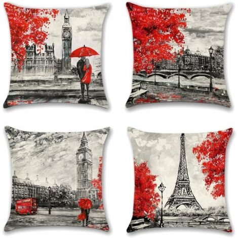 LAN Lot de 4 housses de coussin, housses de coussin décoratives en polyester et lin Housses de coussin de décoration de voiture de canapé 45 x 45 cm (Couple Rouge)