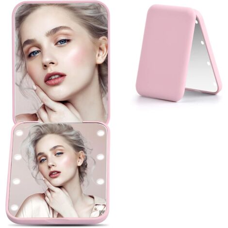 LAN Miroir de poche éclairé, loupe éclairée, miroir de maquillage portable, petit miroir compact pour voyage (rose)