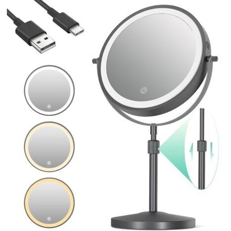 LAN Miroir grossissant éclairé x10, miroir de maquillage éclairé à hauteur réglable, miroir de table rond rotatif à 360° avec éclairage, 3 couleurs de lumière, noir