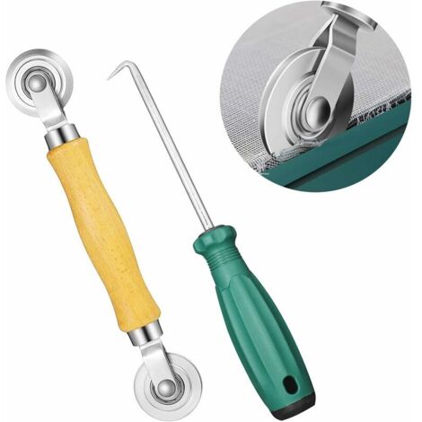 LAN Outils de roulement d'écran, outil de rouleau de cannelure avec poignée en bois et roue de roulement en acier et outil de crochet de manteau, remplacent l'écran de fenêtre pour l'écran de fenêtre 