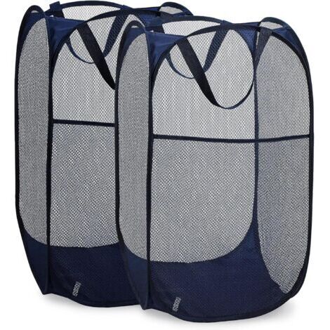 LAN Panier à linge pliable en maille avec large ouverture et poche latérale – Respirant, robuste et peu encombrant pour le rangement des vêtements. (Bleu  Lot de 2)