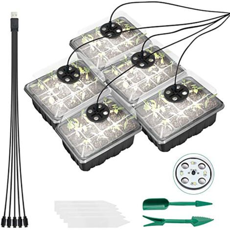 LAN Paquet de 5 plateaux de semis avec mini serre légère pour la germination des plantes à fleurs