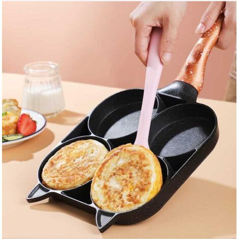 LAN Poêle à crêpes monobloc, poêle à œufs frits antiadhésive en aluminium à 4 fentes avec couvercle pour les hamburgers d'omelette du petit déjeuner, convient pour les cuisinières à gaz et à induction