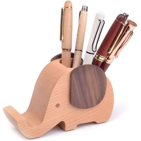 LAN Porte-Crayon en Bois Mignon, Porte-stylo Éléphant en Bois, Multifonctionnel Créatif Forme d'Éléphant En Bois Organisateur de Crayons avec Support de Téléphone Elephant pour Le Bureau Ou l'École