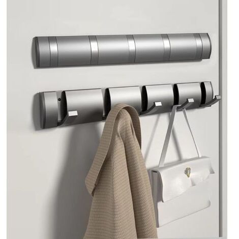LAN Porte-manteau mural robuste en aluminium avec 5 crochets rétractables pour suspendre vêtements, chapeaux, sacs à main et clés – Gris