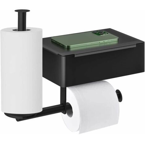 LAN Porte-papier toilette noir mat avec organiseur de rouleau latéral, porte-papier toilette mural avec rangement pour lingettes, porte-papier toilette de salle de bain (auto-adhésif)