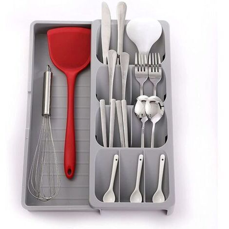 LAN Range-couverts compact en plastique, organiseur extensible pour tiroir d'argenterie, porte-ustensiles pour rangement de cuisine (gris)