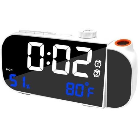LAN Réveil projecteur de plafond avec affichage de la température et de l'humidité, fonction sommeil, luminosité et volume réglables, chargement USB, format 12/24 heures - Blanc