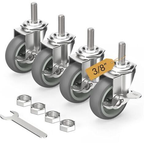 LAN Roulettes pivotantes verrouillables de 7,6 cm (3 pouces), lot de 4, tige filetée 9,5 mm - 40,6 mm x 3,8 cm (diamètre 9,5 mm, longueur 3,8 cm), roulettes pivotantes robustes, grises
