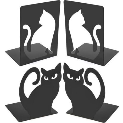 LAN Serre-livres chat, serre-livres en métal, 2 paires, cales antidérapantes pour étagères, bureaux, bibliothèques, maison et école (120 x 105 x 160 mm, noir)