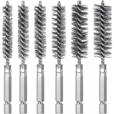 LAN Set de 6 pinceaux de trou métallique à poignée hexagonale en acier inoxydable, pinceau de pistolet à tige hexagonale polissage polissage pinceau de tuyau d'épines brosse en acier inoxydable brosse