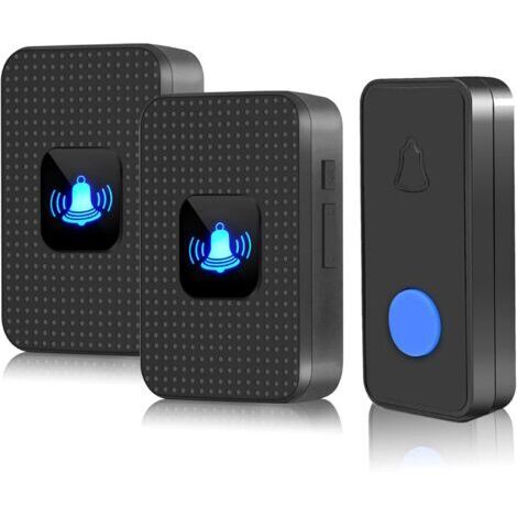 LAN Sonnette sans fil, kit de carillon étanche IP55, portée de 304 m, 55 carillons, 5 volumes, bouton-poussoir à piles et 2 récepteurs enfichables avec flash LED, installation facile, noir