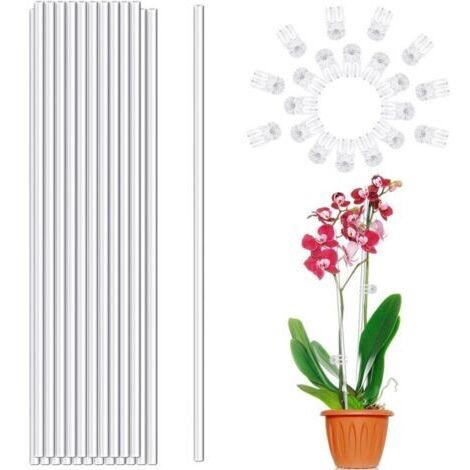 LAN Tuteurs pour plantes, 20 pièces de 45,7 cm en acrylique transparent pour orchidées, tige unique, pour plantes d'intérieur et d'extérieur, orchidées, plantes en pot, tomates (avec 20 clips)