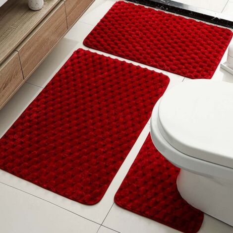 LAN Velours rectangulaire rouge 5080cm en forme d'écaille de tortue Ensemble de tapis de bain en peluche à motif carapace de tortue, ensemble de trois pièces, absorbant, antidérapant, facile à nettoye