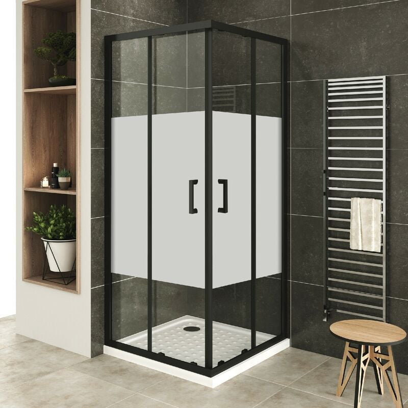 Saniverre - lanablack+ Porte de douche d'angle h 185 cm centre-opaque 90 x 100 cm coulissante