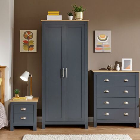 Lancaster 3pc Bedroom Furniture Set Wardrobe Chest Drawers Bedside Table Blue