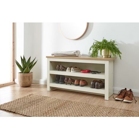 Lancaster Oak Top Open Shoe Bench with Shelf Storage up to 8 Pairs - Cream