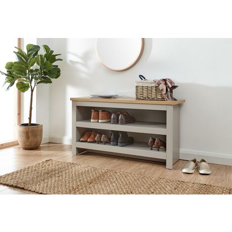 Lancaster Oak Top Open Shoe Bench with Shelf Storage up to 8 Pairs - Grey