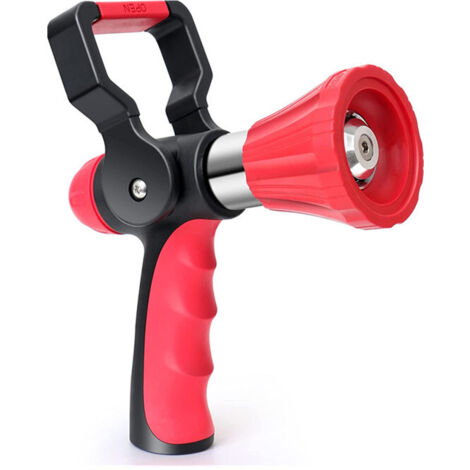 Lance à eau pour pompiers, avec poignée ergonomique et raccord de tuyau fileté, buse rotative réglable et commande par levier.