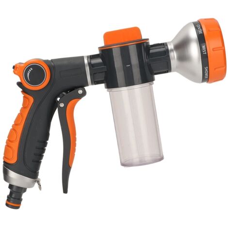 Lance d'arrosage réglable pour tuyau de jardin – Buse haute pression à 8 modes d'arrosage avec réservoir à savon – Pulvérisateur moussant pour tuyau d'eau (Modèle à gâchette avant)