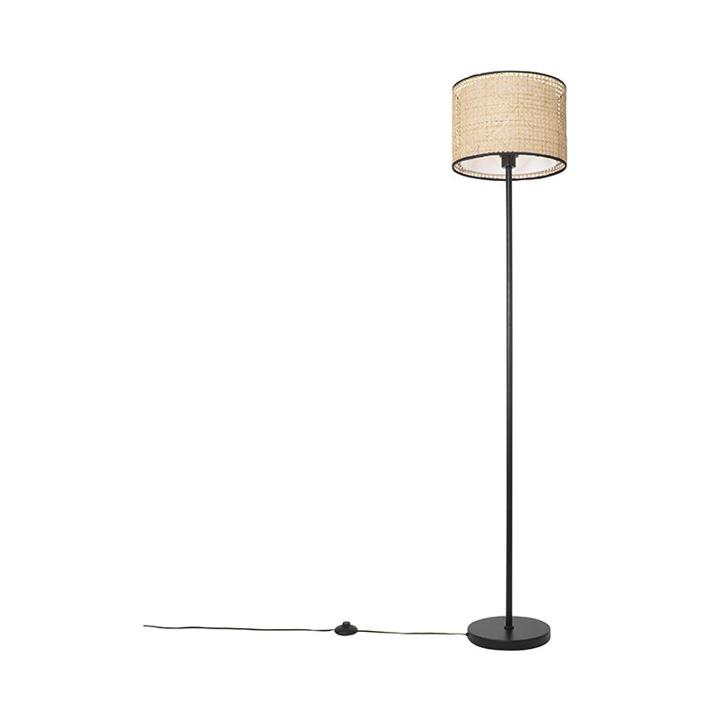 Country floor lamp black with rattan shade - Kata