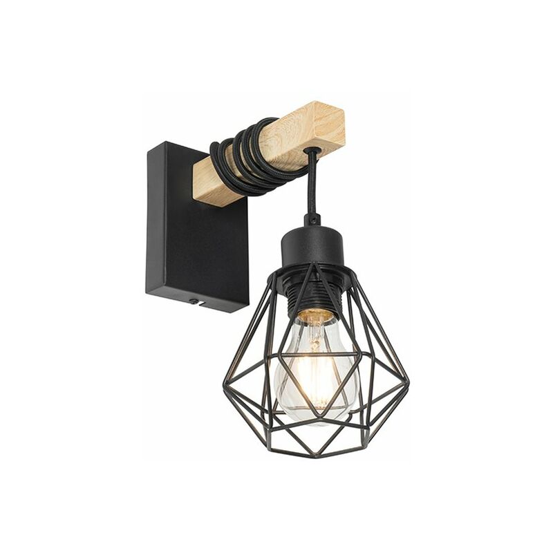 Ländliche Wandlampe schwarz mit Holz - Chon