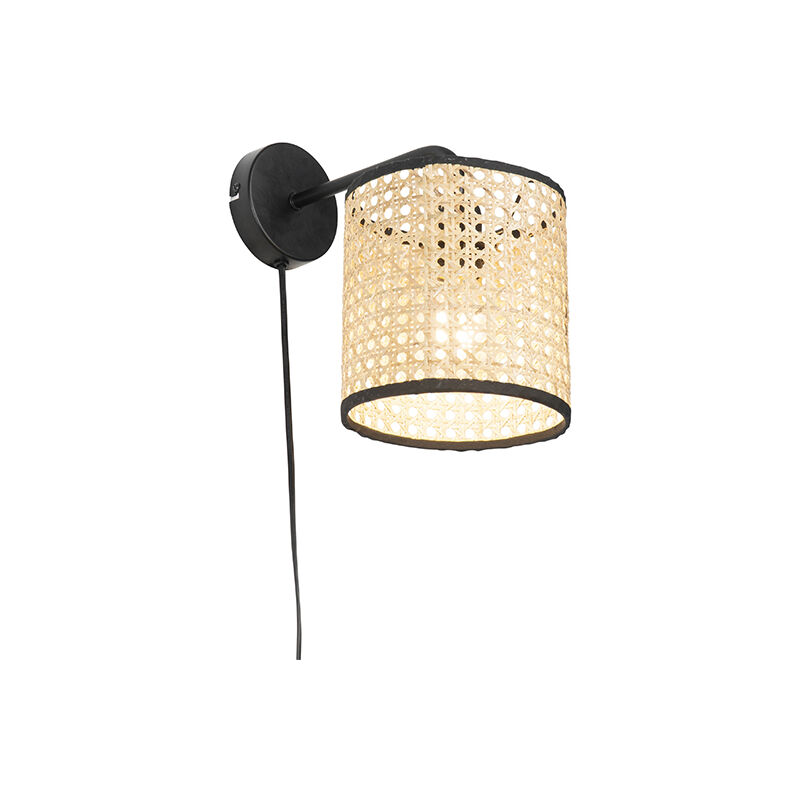 Country wall lamp black with rattan shade - Kata