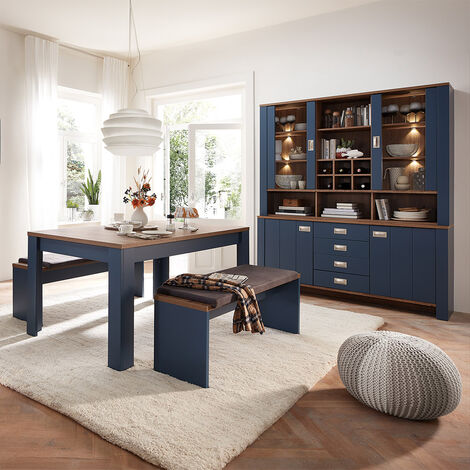 Landhaus Esszimmer Set in blau DEVON-36 mit Details in Eiche Nb., inkl. Buffetschrank mit LED Beleuchtung