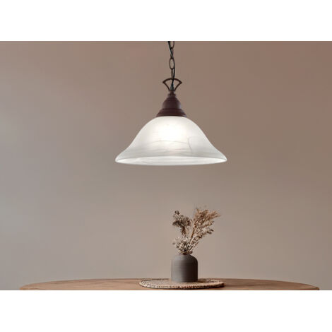Landhaus LED Pendelleuchte in Rostoptik mit Glasschirm Weiß, Ø 33,5cm