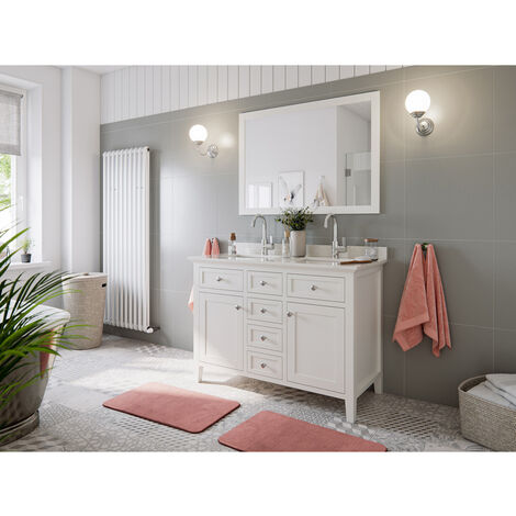 Landhaus Waschtisch Set mit zwei Waschbecken EVERETT-02 Massivholz in weiß lackiert, B/H/T: ca. 122/200/56 cm - weiß
