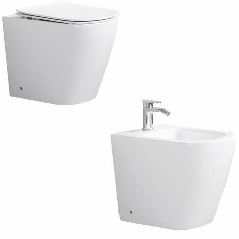 LANERI Moon Coppia di Sanitari a Terra Senza Brida con scarico Rimless , wc , Bidet e Coprivaso soft-close , Fissaggi e curva tecnica inclusa