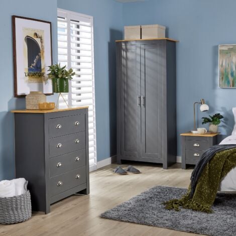 Langdale Graphite Oak Two Tone 3 Piece Set Wardrobe Bedside Chest of Drawers