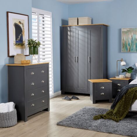 Langdale Graphite Oak Two Tone 4 Piece Set Wardrobe Bedside Chest of Drawers