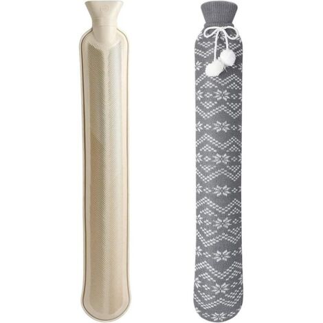 Lange Wärmflasche mit Bezug, 2 Liter Outdoor-Wärmflasche mit Fellbezug, große Fleece-Wärmflasche (Grau)
