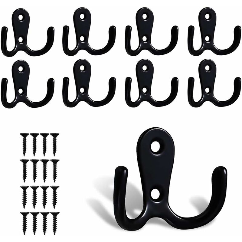 

10 piezas de gancho doble para pared, gancho negro de metal retro para dormitorios, baño, cocina, gancho decorativo, 20 tornillos