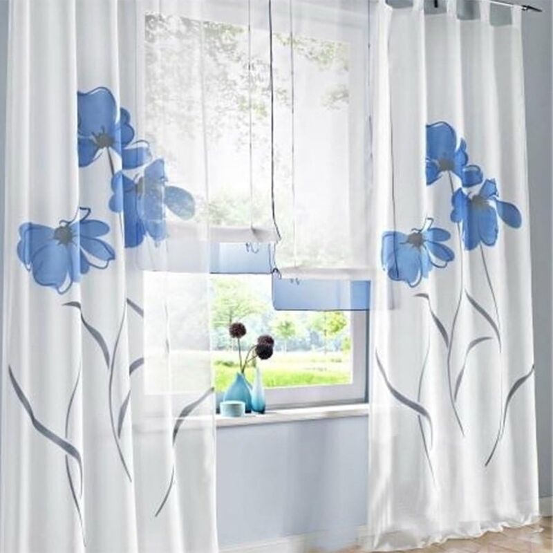 2 pièces rideau écharpe rideau imprimé fleurs rideau pour salon chambre boucle écharpe, largeur 150 cm / hauteur 245 cm, bleu-
