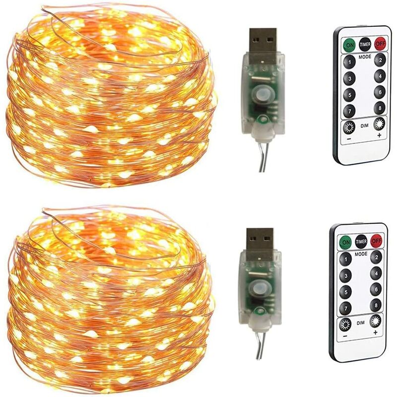 

2 x 100 LED 10 M cable de cobre cadena de luz conexión USB con control remoto 8 programas y selección de tiempo de atenuación (blanco cálido)