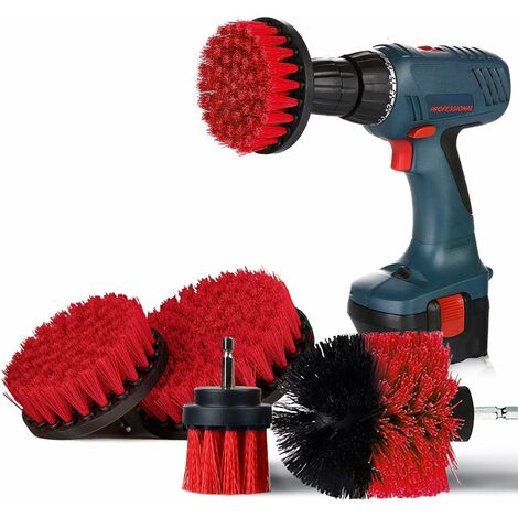 LangRay 4 Piece Fixed Brush Drill Set, 2 '' / 3.5 '' / 4 '' / 5 '' Cordless Screwdriver Brush Cordless Drill Accessory Cleaning Brush Bathtub Drill Brushes Kitchen Floor Tile Red
