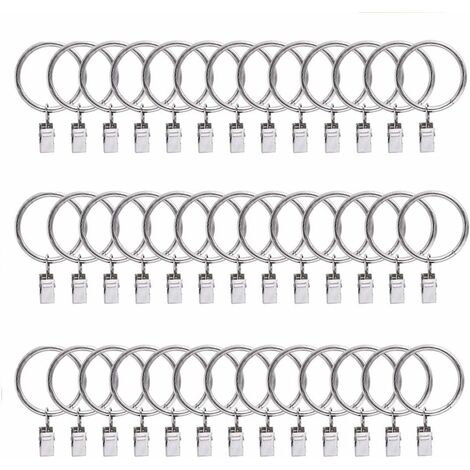 LangRay 40 pièces anneaux de rideau anneaux de rideau, tringle à rideau tringle à rideau de 38 mm avec pinces à rideau de douche clips métalliques pour rideaux et tringles à rideaux, argent