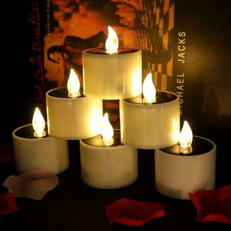 

6 velas solares brillantes con energía solar, velas LED sin llama para té, perfectas para Navidad, decoración del día de San Valentín, centro de mesa