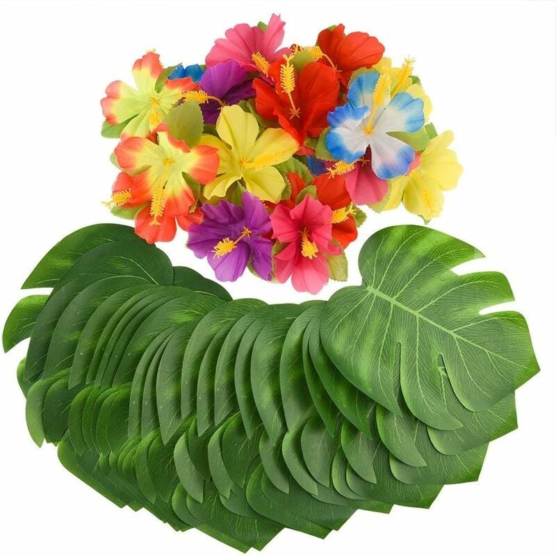 60 pièces artificielles de Feuilles de Palmier Tropical et de Fleurs d'hibiscus Tropicales, décoration de thème hawaen pour Mariage, décorations de