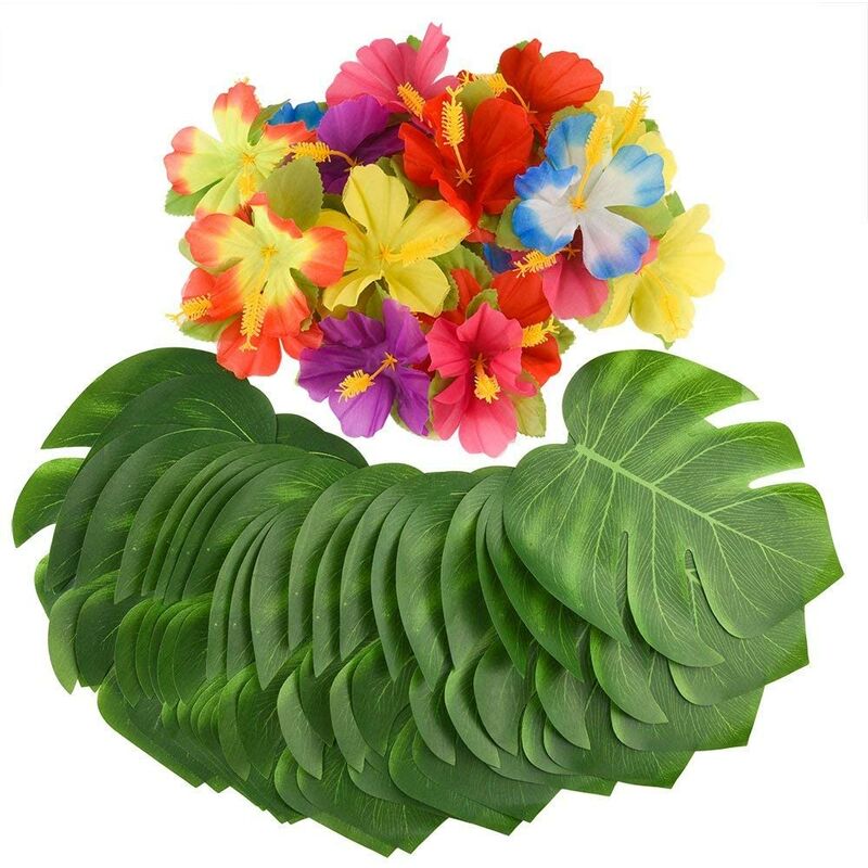 

60 piezas de hojas de palmera tropical artificial y flores de hibisco tropical, decoración temática hawaiana para bodas, decoraciones de fiesta en la