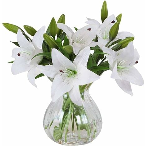 main image of "LangRay Artificial Flowers, 5 Pieces Real Touch Latex Artificial Lily Flowers in Vases Wedding Bouquets / Home Decor / Party / Graves Arrangement (White)"