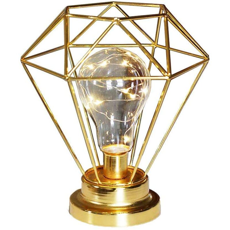 Bedside Lamp Decorative Night Lamp, Diamond Shape Retro Metal Table Lamp Battery Operated Desk Lamp for Bedroom, Living Room, Bar, Hotel, Cafe (Gold)