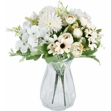 main image of "LangRay Bouquet artificiel 2 pièces blanches fausses pivoines hortensias oeillets fleurs artificielles Arrangements floraux"