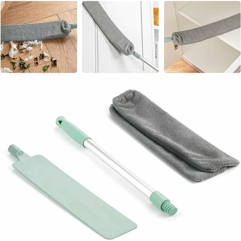 Brosse à Poussière Longue, Brosse à Poussière de Chevet Balai de vadrouille à Manche Long Réglable, Plumeau Poussiere Telescopique avec 2 Couvercles