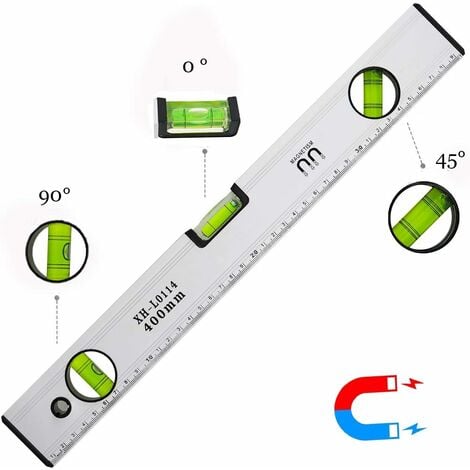 LangRay Bubble Level 40 cm, Magnetic Bubble Level mit 3 gut sichtbaren Fläschchen Aluminiumgehäuse, robuste Endkappen für horizontale Vertikale und 45 °, Genauigkeit +/- 0,5 mm - Integriertes Lineal